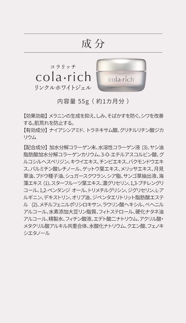 成分
コラリッチ
cola.rich
リンクルホワイトジェル
cola.rich
内容量 55g (約1カ月分)
【効果効能】 メラニンの生成を抑え、しみ、そばかすを防ぐ。シワを改善
する。肌荒れを防止する。
【有効成分】 ナイアシンアミド、 トラネキサム酸、グリチルリチン酸ジカ
リウム
【配合成分】 加水分解コラーゲン末、水溶性コラーゲン液 (3)、ヤシ油
脂肪酸加水分解コラーゲンカリウム、 3-0-エチルアスコルビン酸、グ
ルコシルヘスペリジン、キウイエキス、チンピエキス、バクモンドウエキ
ス、パルミチン酸レチノール、 ゲットウ葉エキス、メリッサエキス、月見
草油、ブドウ種子油、シュガースクワラン、シア脂、サンゴ草抽出液、海
藻エキス (1) スターフルーツ葉エキス、 濃グリセリン、1,3-ブチレングリ
コール、1,2-ペンタンジオール、トリメチルグリシン、ジグリセリン、L-ア
ルギニン、デキストリン、オリブ油、ジペンタエリトリット脂肪酸エステ
ル (2)、メチルフェニルポリシロキサン、ラウリン酸ヘキシル、ベヘニル
アルコール、水素添加大豆リン脂質、フィトステロール、硬化ナタネ油
アルコール、精製水、フィチン酸液、エデト酸二ナトリウム、アクリル酸・
メタクリル酸アルキル共重合体、水酸化ナトリウム、クエン酸、フェノキ
シエタノール