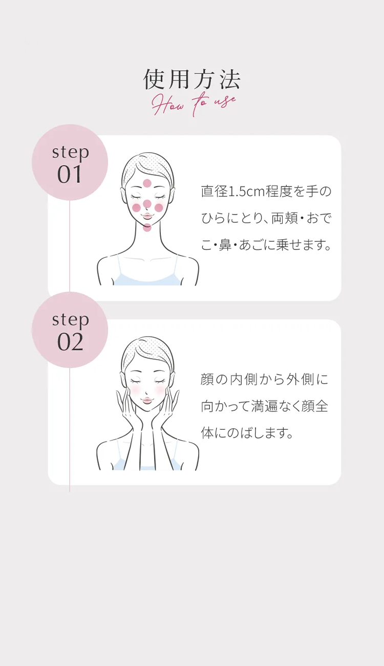step
使用方法
How to use
01
直径1.5cm程度を手の
ひらにとり、両頬・おで
こ・鼻・あごに乗せます。
step
02
顔の内側から外側に
向かって満遍なく顔全
体にのばします。